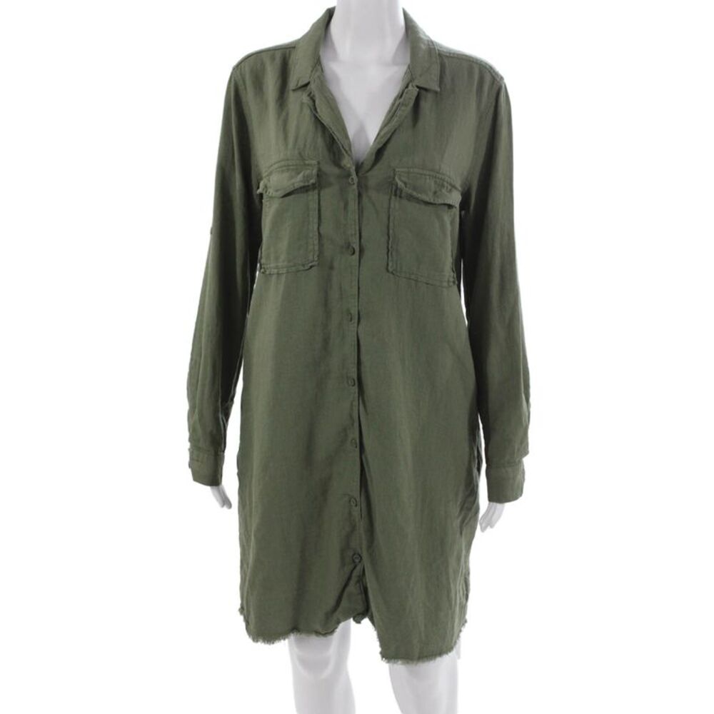Cloth & Stone Women Shirt Dress Green Long Sleeve Linen Blend Size M